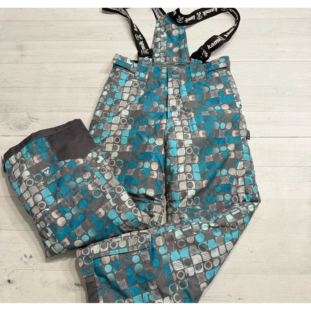 Kamik girls blue and grey‎ patterned snow pants snow bibs size 8